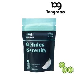 Sachet de gélules Serenity de la marque Tengrams, un produit à base de CBD. L’emballage indique une teneur en CBD de 50 mg par gélule et contient 30 gélules.