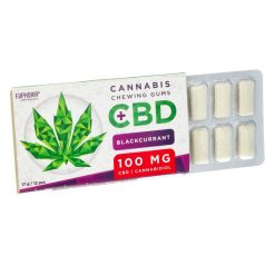 Boîte de chewing-gums au CBD saveur cassis de la marque Euphoria, contenant 100 mg de CBD. Un blister de 12 chewing-gums est partiellement sorti de l’emballage.