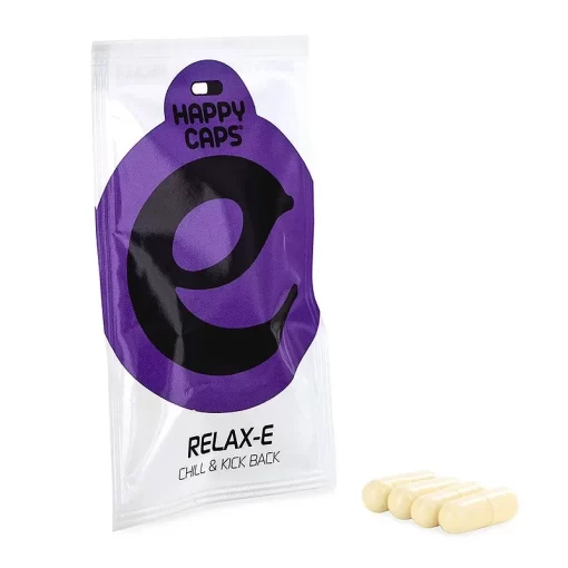 Sachet blanc et violet de Happy Caps Relax-E avec quatre gélules beiges posées à côté.