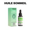 Flacon d'huile CBD Full Spectrum CDUCBD avec son emballage vert, sur fond bleu avec texte "Huile Sommeil".