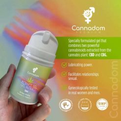 Gel intime "Cannadom Premium" en flacon pompe de 50 ml, enrichi en CBD et CBG. Conçu pour améliorer le confort et la lubrification lors des relations intimes.