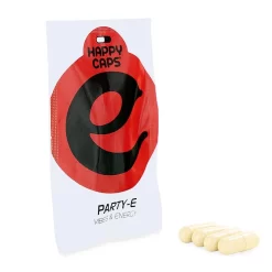 Sachet blanc et rouge de Happy Caps Party-E avec quatre gélules beiges posées à côté.