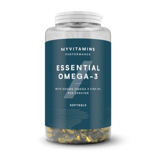 Flacon transparent contenant des capsules molles jaunes, avec une étiquette bleu foncé portant l'inscription "ESSENTIAL OMEGA-3" et mentionnant une teneur de 300 mg d'huile de poisson riche en oméga-3 par portion