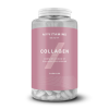 Flacon transparent de compléments alimentaires en capsules, contenant du collagène, avec une étiquette rose affichant "MyVitamins Beauty Collagen".
