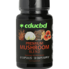 Flacon noir de compléments alimentaires "Premium Mushroom Blend" avec logo CDUCBD et illustrations de champignons adaptogènes.