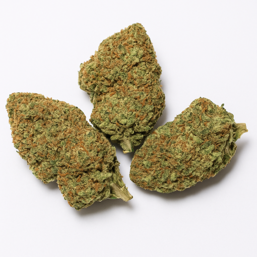 image sur fond blanc de 3 têtes de fleurs cbd avec pistils orangés