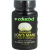 Flacon noir de compléments alimentaires "Premium Lion’s Mane Extract Capsules" avec logo CDUCBD et illustration d’un champignon crinière de lion.