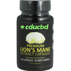 Flacon noir de compléments alimentaires "Premium Lion’s Mane Extract Capsules" avec logo CDUCBD et illustration d’un champignon crinière de lion.