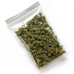 Un sachet en plastique transparent renfermant des végétaux séchés de couleur verte.