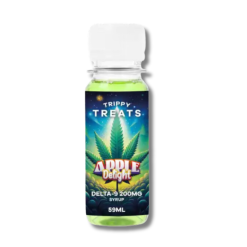 Flacon transparent contenant un sirop vert avec une étiquette "Trippy Treats Apple Delight Delta-9 200mg Syrup".