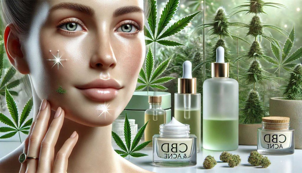 Visage devant sa glace avec des flacons de CBD