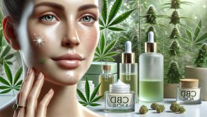 Visage devant sa glace avec des flacons de CBD