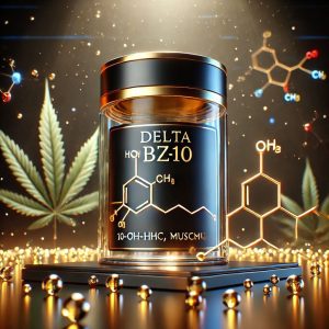 Flacon de Molécule BZ10 tendance or et noir posé sur surface avec gélules ocre translucide sur fond de fleurs de CBD.