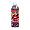 Bouteille de sirop avec un design rouge vif et un personnage animé.