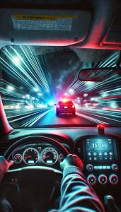 Vue subjective à l'intérieur d'une automobile, le conducteur les mains sur le volant. Le compteur indique 10-OH