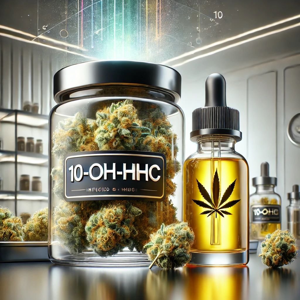 Bocal marqué 10-OH-HHC contenant des fleurs de chanvre. Et à coté une fiole d'huile.