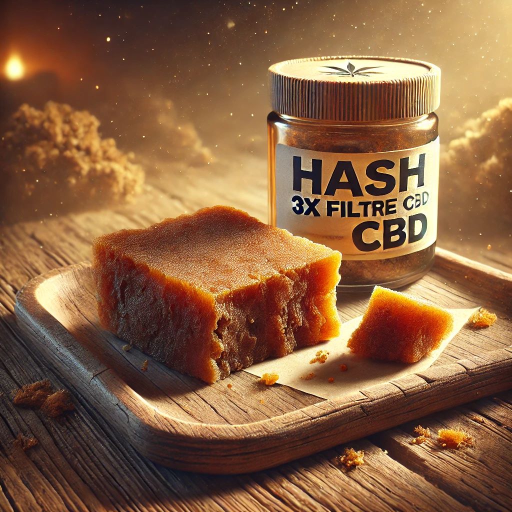 sur un plateau un pain de Hash 3X Filtré CBD tendre friable doré. A coté se trouve un petit bocal de Hash CBD.