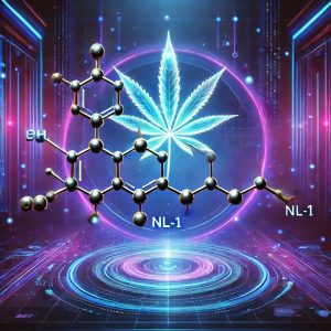 Une fleur de chanvre lumineuse avec devant des molécules en 3d.