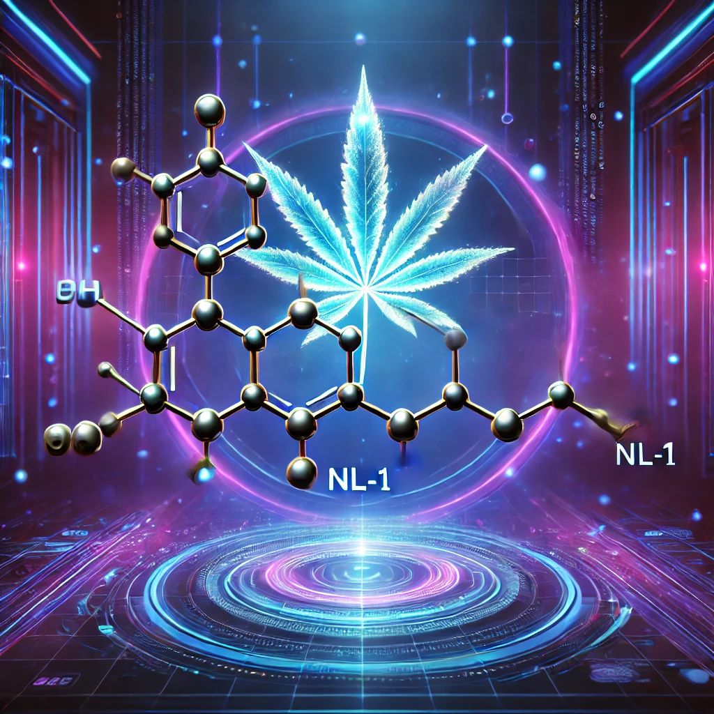 Une fleur de chanvre lumineuse avec devant des molécules en 3d.