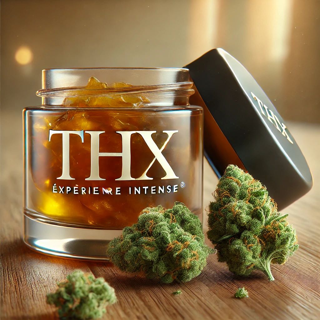 Pot de hash THX avec des fleurs de chanvre sur une table.