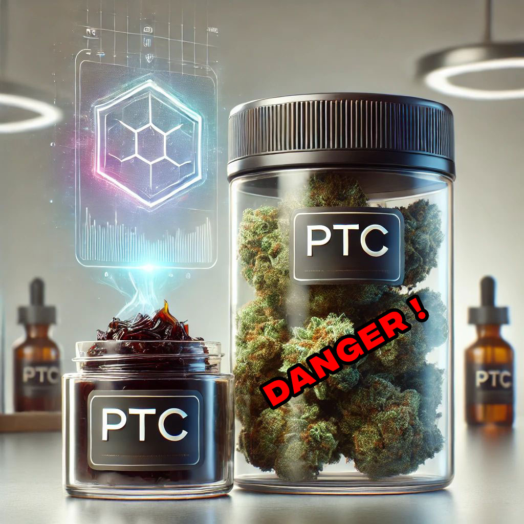 Bocal de fleurs de cannabis marqué PTC. et dessus un avertissement "Danger !".