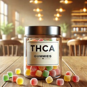 Bocal de gummies THCA sur une table avec d'autres gummies répandus autour.