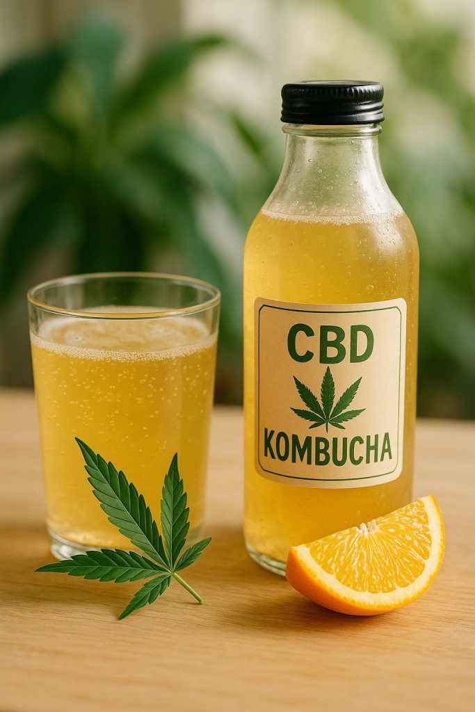 Une bouteille avec une etiquette marquée CBD Kombucha et un verre à coté.