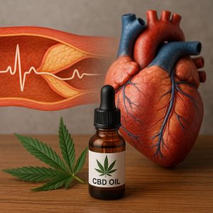 Organe le cœur et flacon d'huile de CBD sur une table.