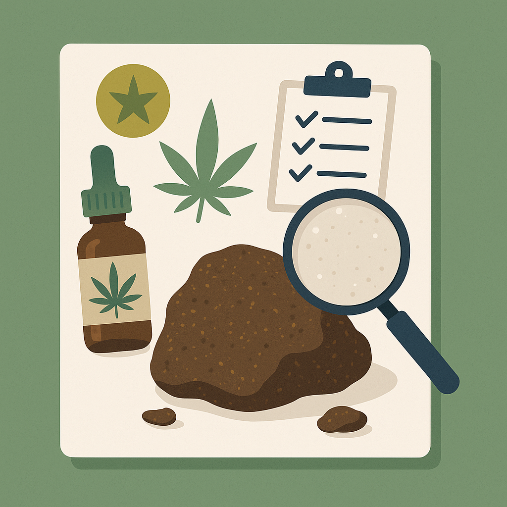 flacon de CBD, fleur et résine regardés à la loupe