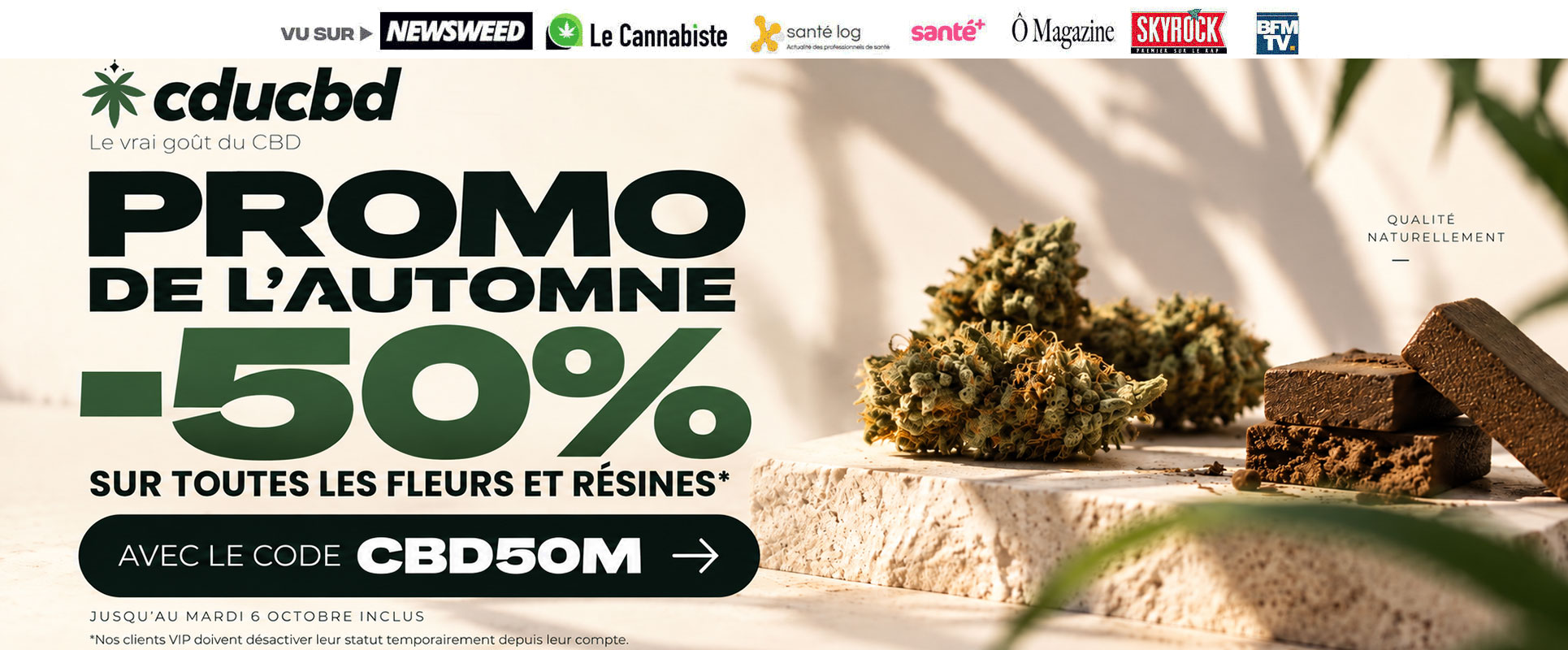 Bannière bienvenue - CBD en ligne CDUCBD PROMO -50 pourcent